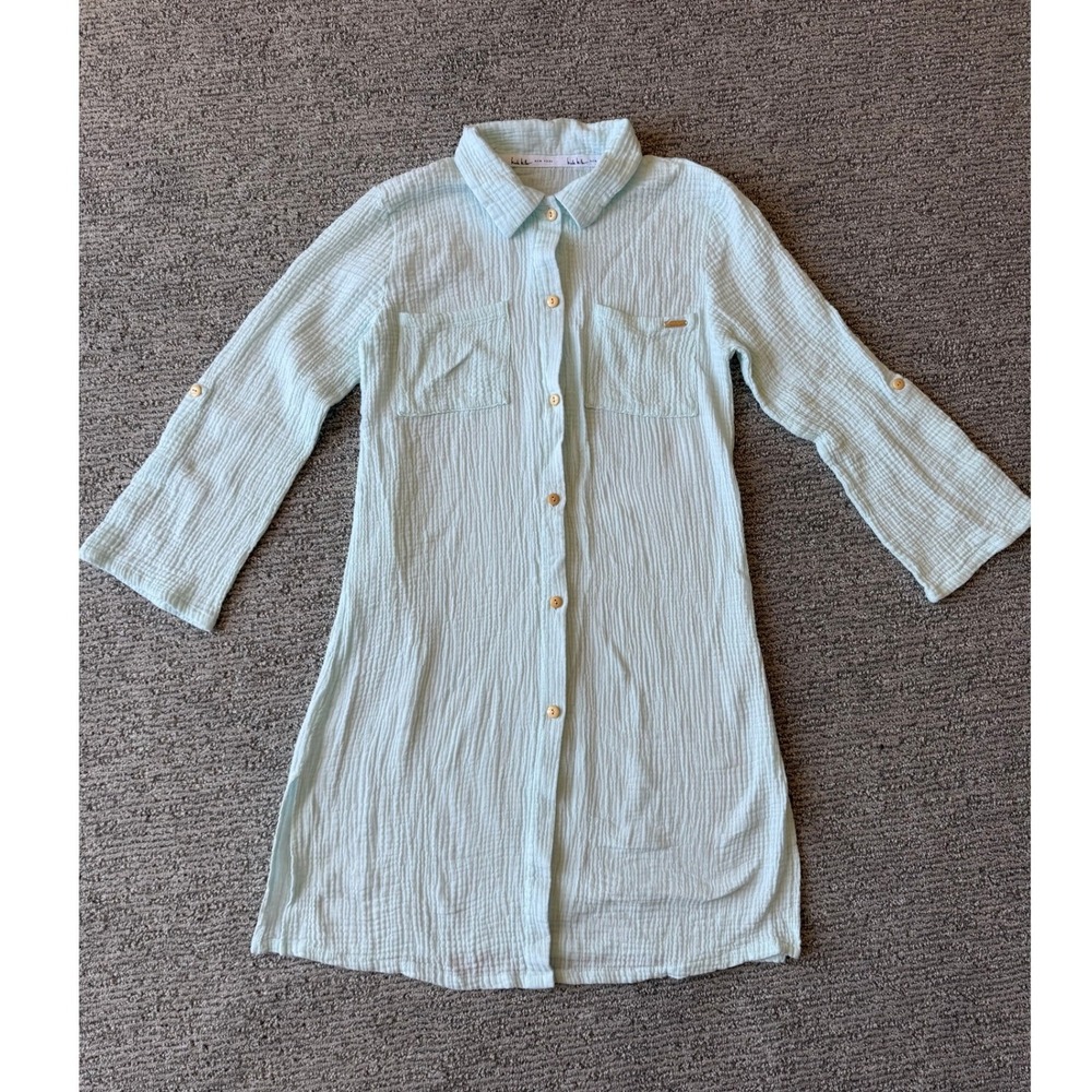 Nicole Miller New York Cotton Gauze Shirt Dress Light Blue Roll Tab‎ Sleeve Med